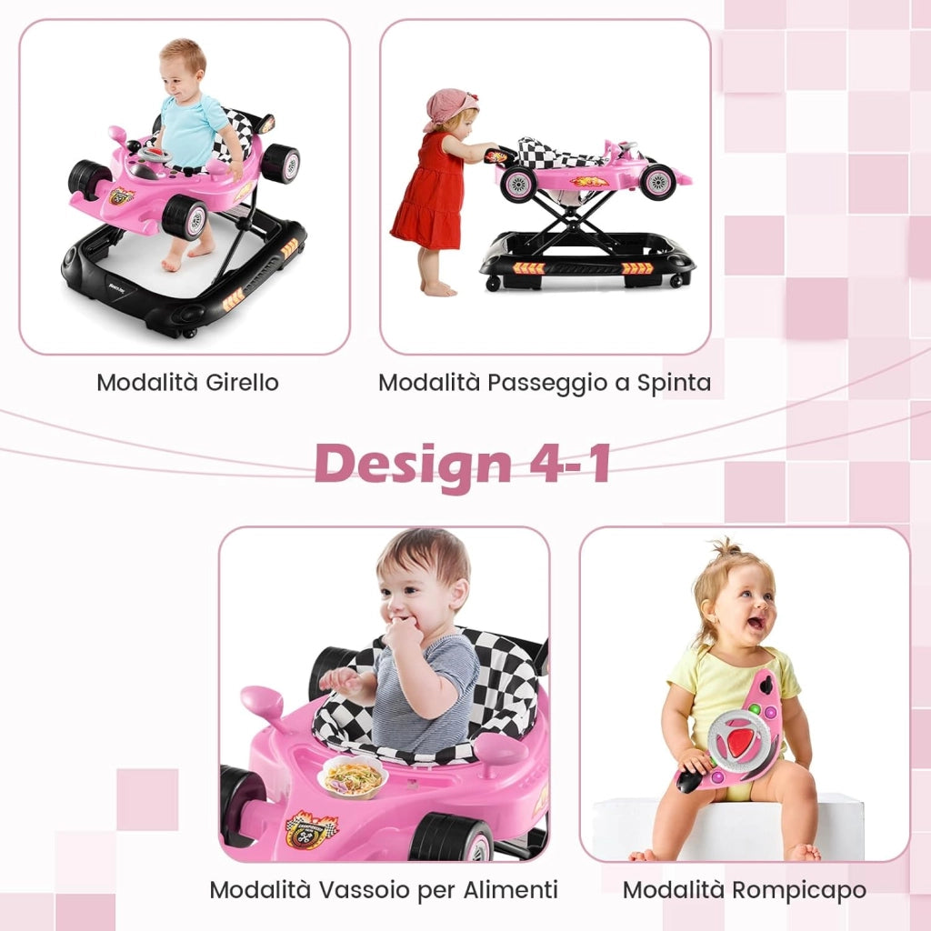 4 in 1 Girello per Bambini, Primi Bassi per Neonati con Altezza Regolabile, Girello Pieghevole con Vassoio Rimovibile, Musica e Luci, per Bambini 6+ Mesi (Rosa)