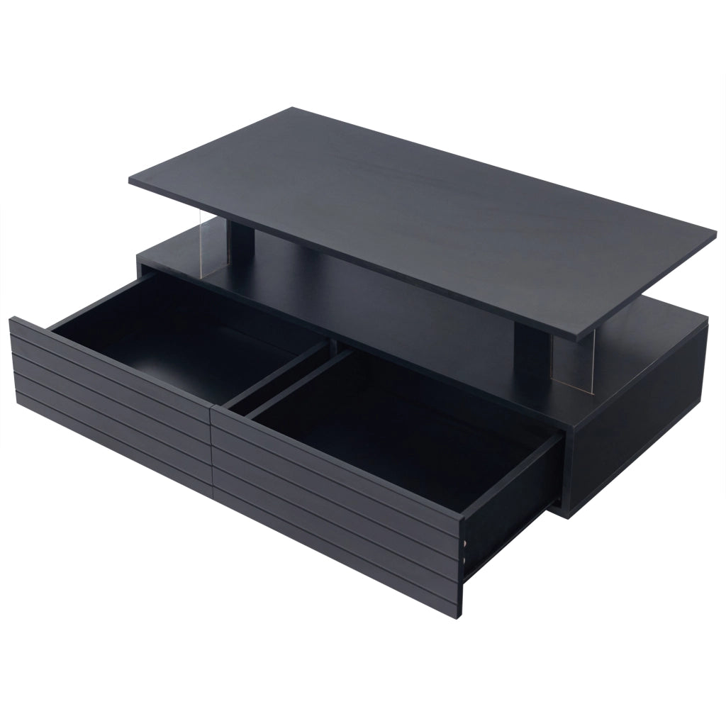 Tavolino da caffè con 2 cassetti; LED e ripiano aperto per soggiorno in acrilico 100×50×42 cm nero