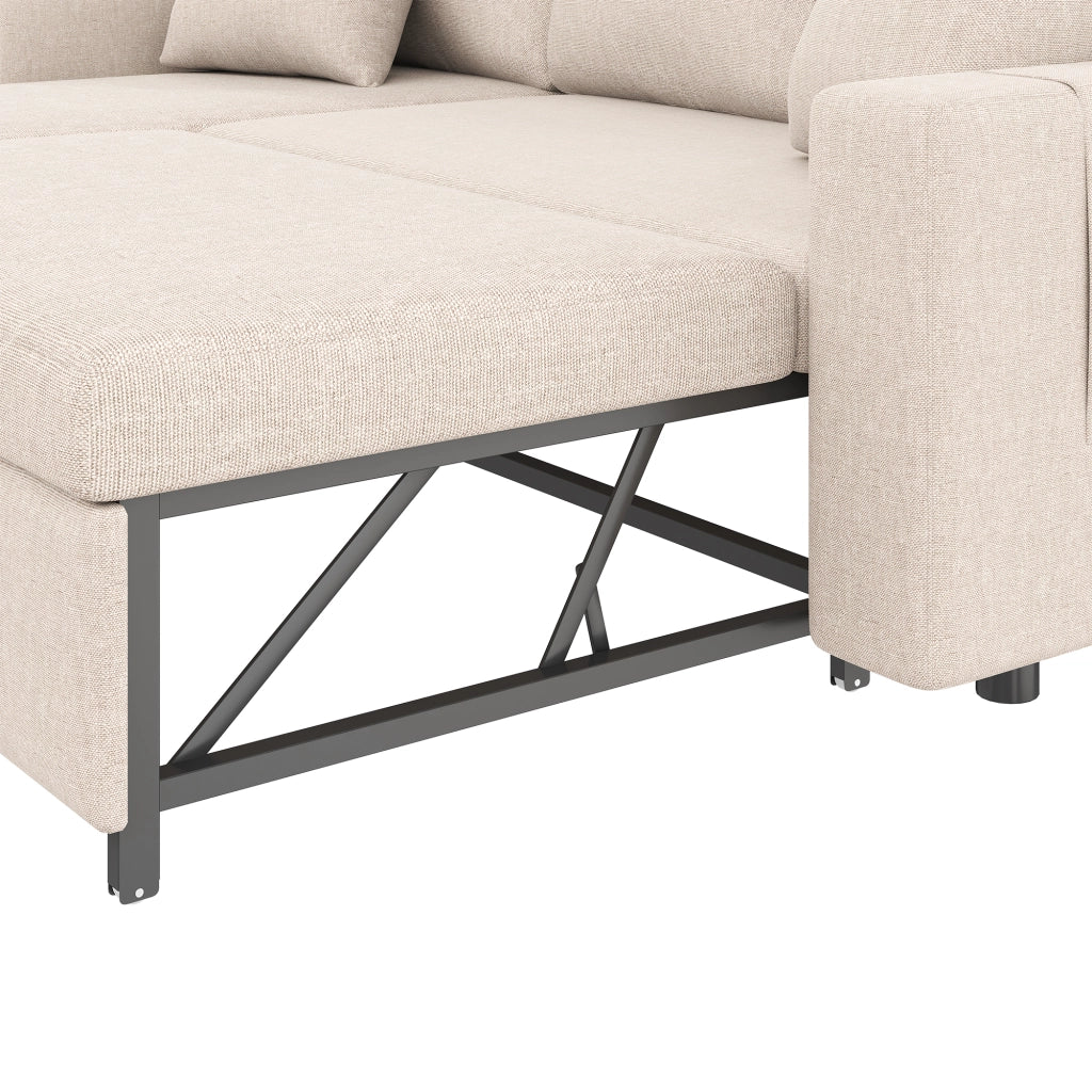 Divano letto angolare reversibile con contenitore, tasche laterali e 2 cuscini, in lino Beige