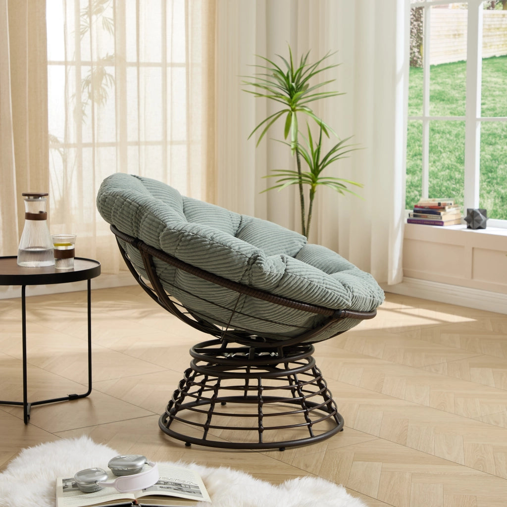 Sedia ergonomica Papasan da esterno girevole con cuscino verde chiaro in velluto telaio in vimini marron robusta per soggiorno camera e spazi esterni