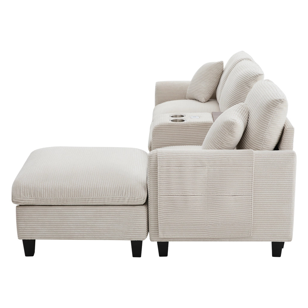 Divano angolare modulare a L in tessuto corduroy beige con consolle, poggiapiedi contenitore e cuscini