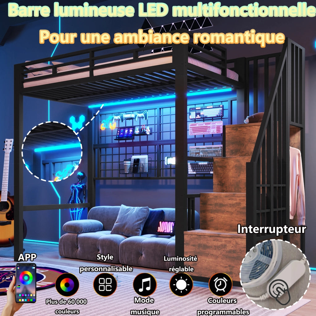 Letto castello 90x200 ferro armadio scala rete LED 7 colori nero
