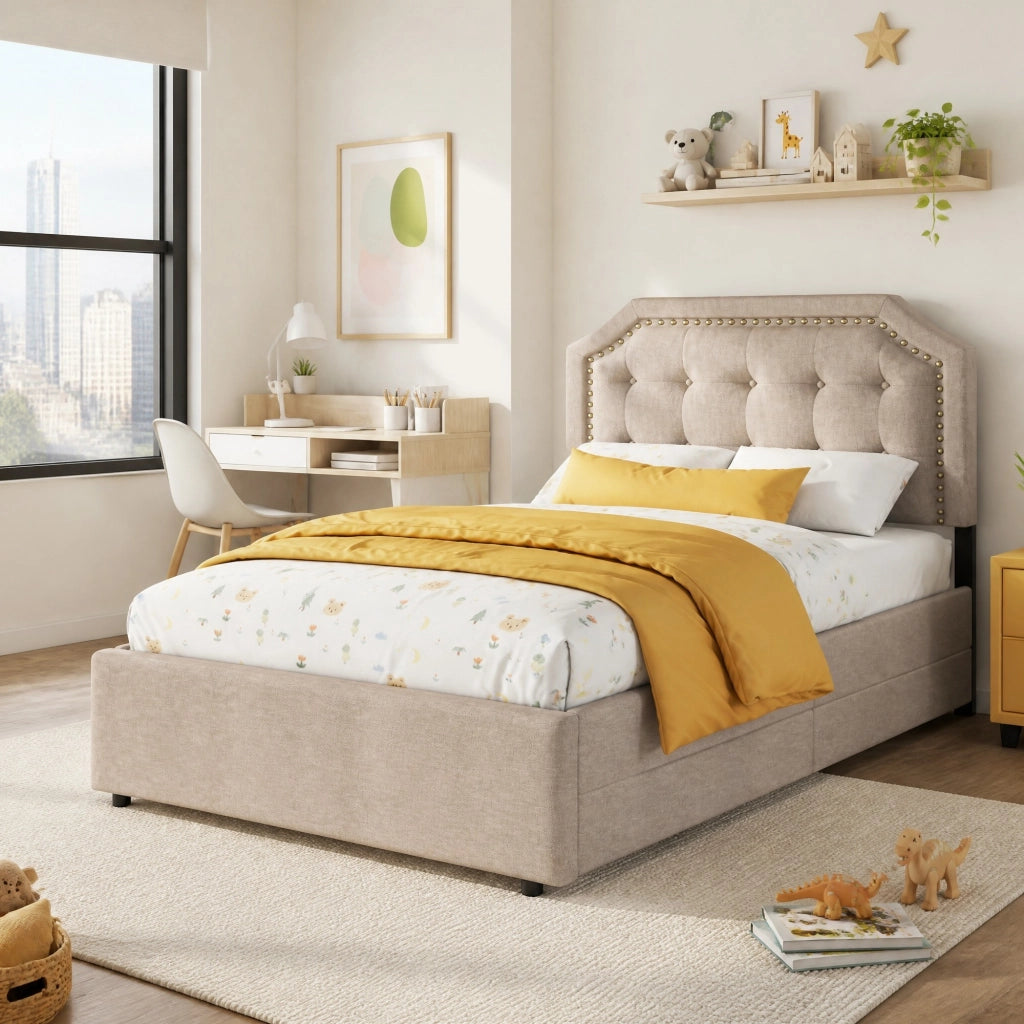 LETTO Imbottito 90x200 cm Beige Scuro con 2 Cassetti