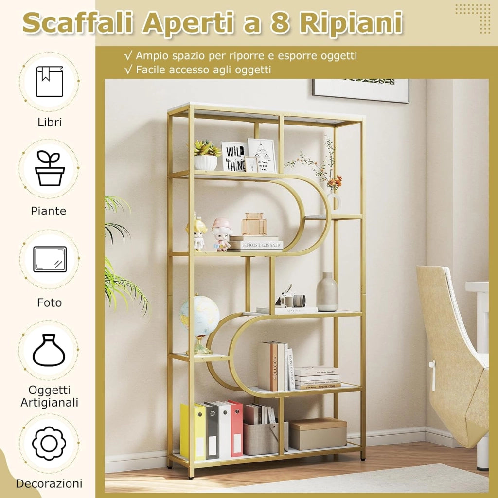 Libreria a 8 Ripiani, Scaffale Alto Autoportante a Forma di U, Struttura in Metallo, Organizzatore di Spazio per Soggiorno e Ufficio, 95x30x175 cm (Bianco+Oro)