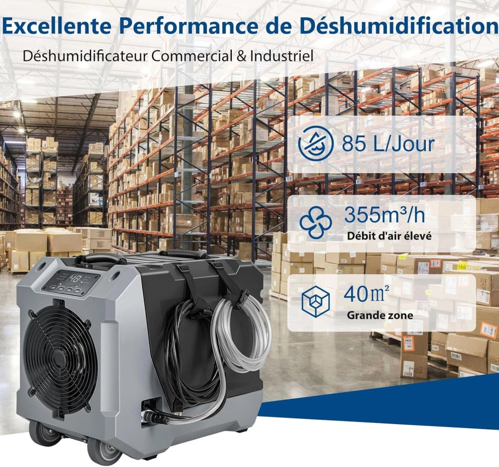 Deumidificatore Elettrico 85L/Giorno, Deumidificatore Industriale Professionale con Pompa di Scarico Automatica, Tubo di Scarico, Timer 24 Ore, per Cantine, Fabbriche, Magazzini (Grigio)