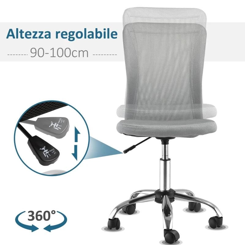SEDIA DA UFFICIO ERGONOMICA SENZA BRACCIOLI IN TESSUTO A RETE, ALTEZZA REGOLABILE E 5 RUOTE, GRIGIO