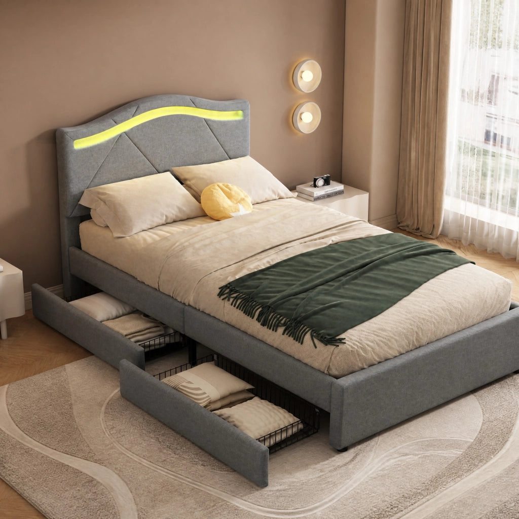 Letto singolo imbottito 90x200 cm con LED e 2 cassetti
