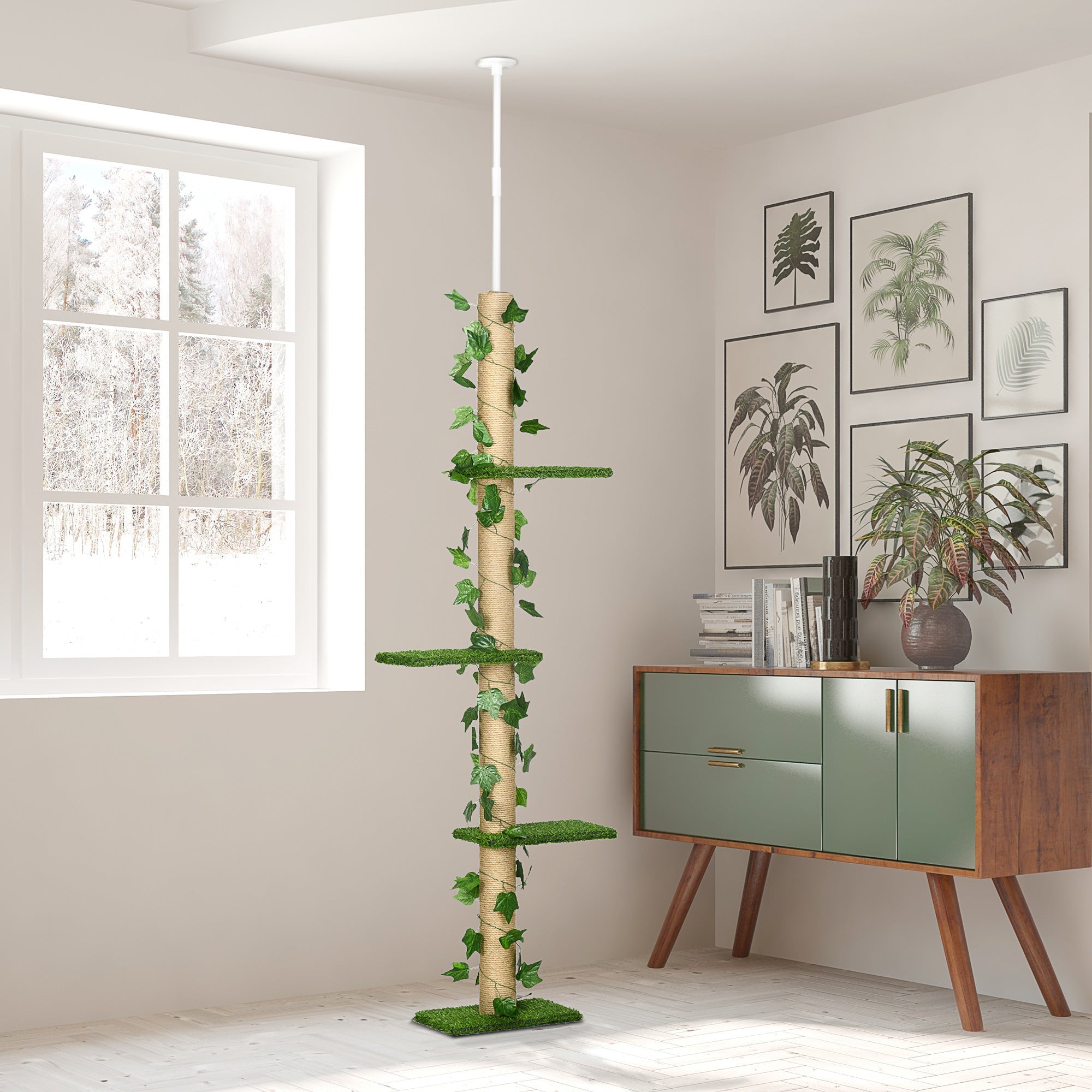 Albero Tiragraffi per Gatti Asta Regolabile a Soffitto Alto 202-242 cm Verde