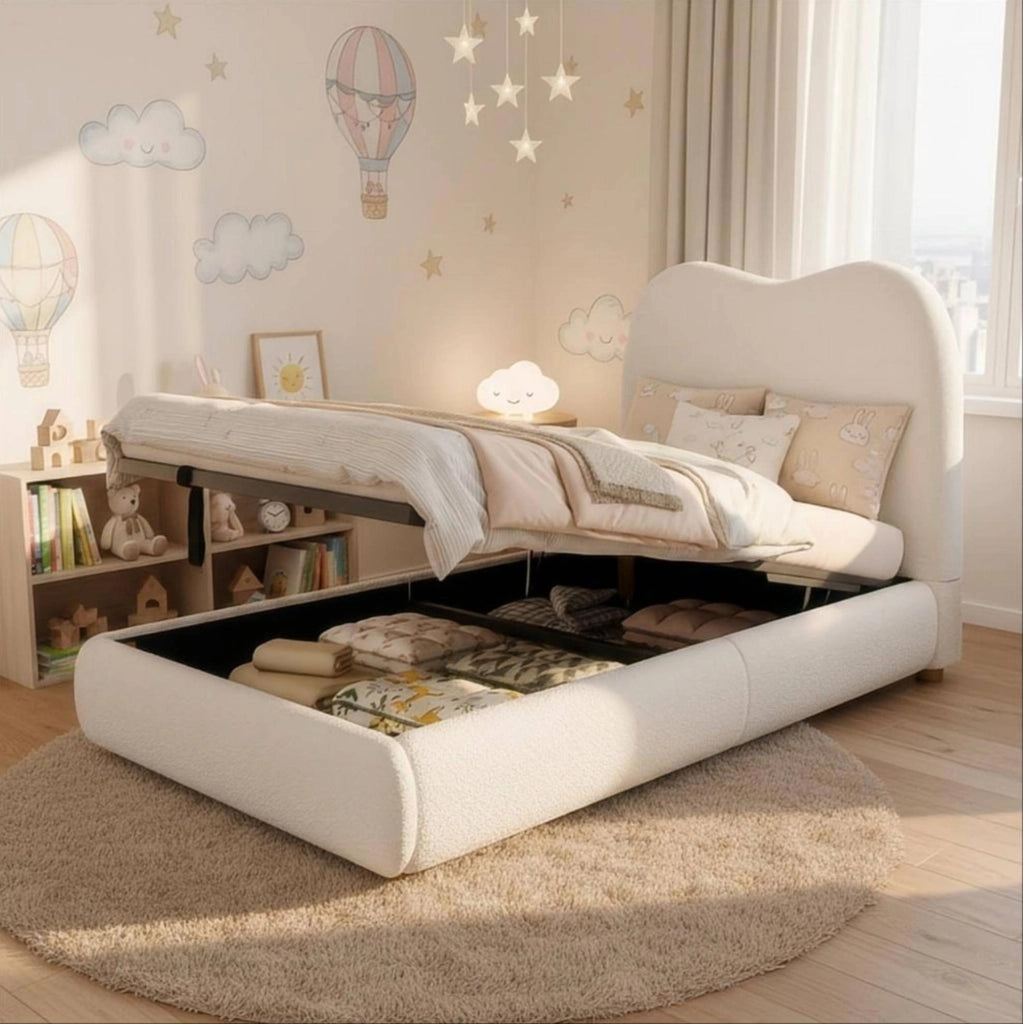 Letto imbottito per bambini con contenitore e rete a doghe; bouclé beige; 215x101x98 cm