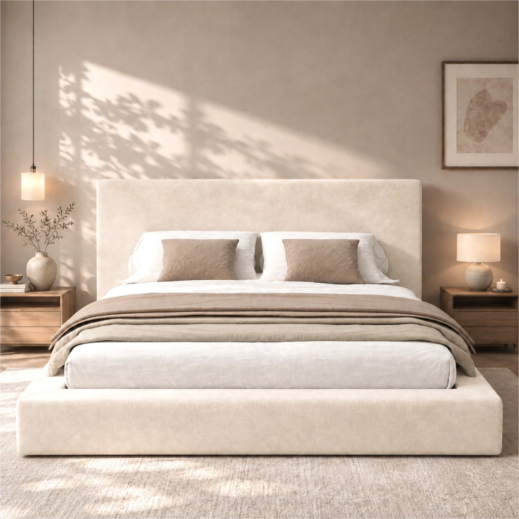 Letto matrimoniale imbottito 160x200 cm con rete a doghe e testiera capitonné; rivestimento in ciniglia; beige