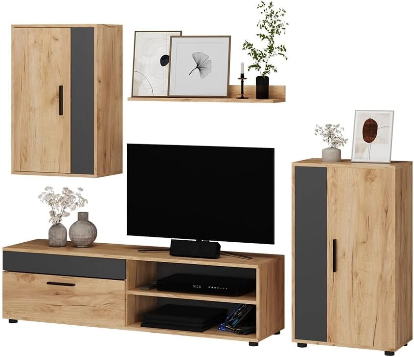Parete attrezzata Berno, Quercia dorata/antracite, Set di 4, adatto per la conservazione di dispositivi multimediali e accessori