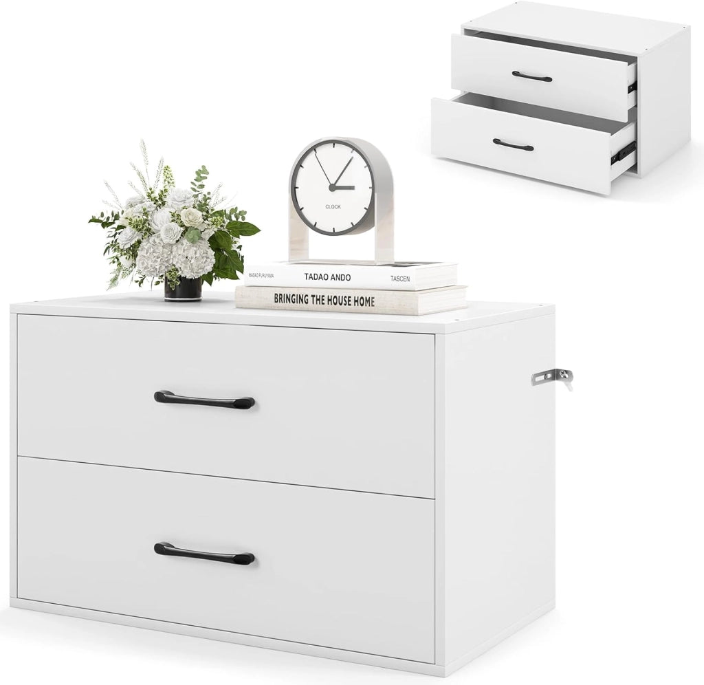 Cassettiera Portaoggetti con 2 Cassetti per Camera da Letto, Mobile in Legno con Kit Anti-Ribaltamento, 4 Tasselli, 60 x 34 x 38 cm, Bianco