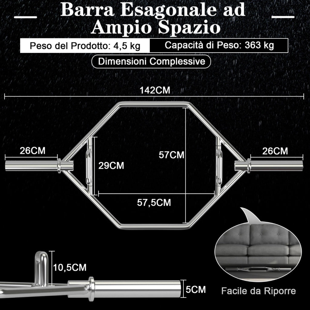 Barra esagonale pieghevole con manici zigrinati di sicurezza, Barra esagonale pieghevole per sollevamento pesi Argento-Sollevamento pesi