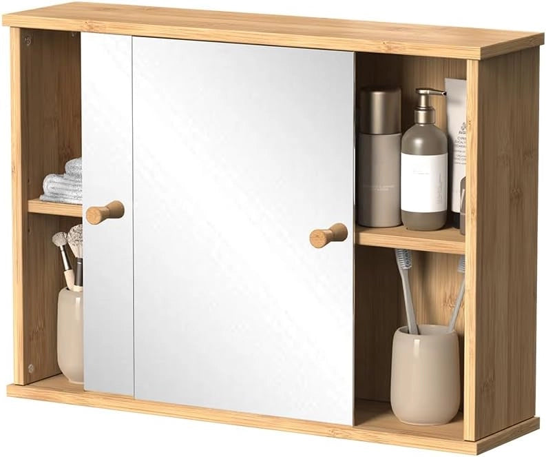 Specchio contenitore bagno Mireo, Bambù, 55 x 40 cm con 2 porte scorrevoli