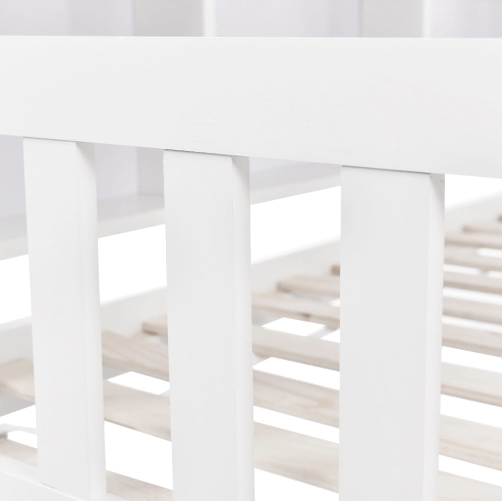 Letto per bambini a casetta 200x90 cm con 2 cassetti; scomparto portaoggetti; pino bianco