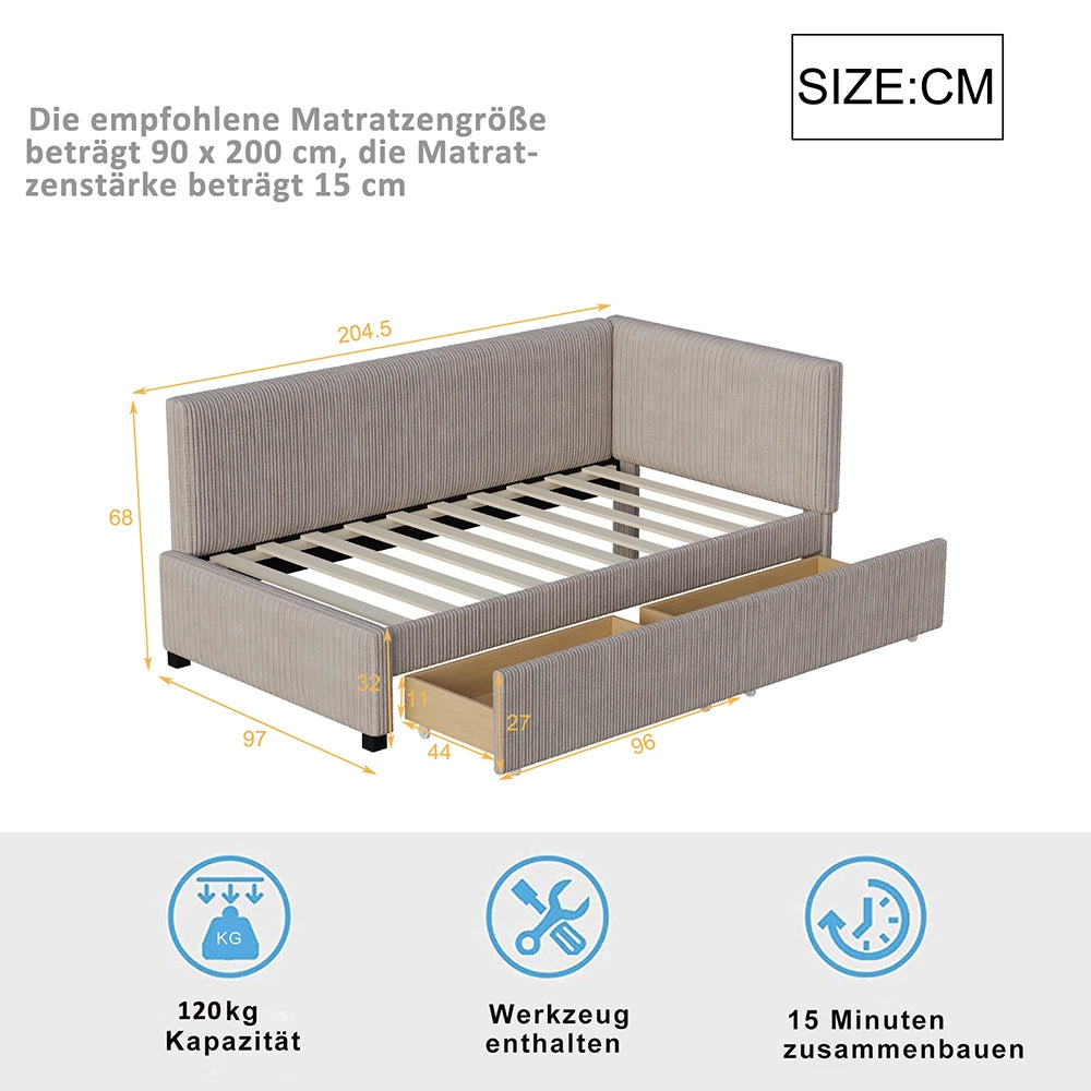 Letto a panca 90x200 cm - Xylo - 2 grandi cassetti, rete a doghe, Grigio