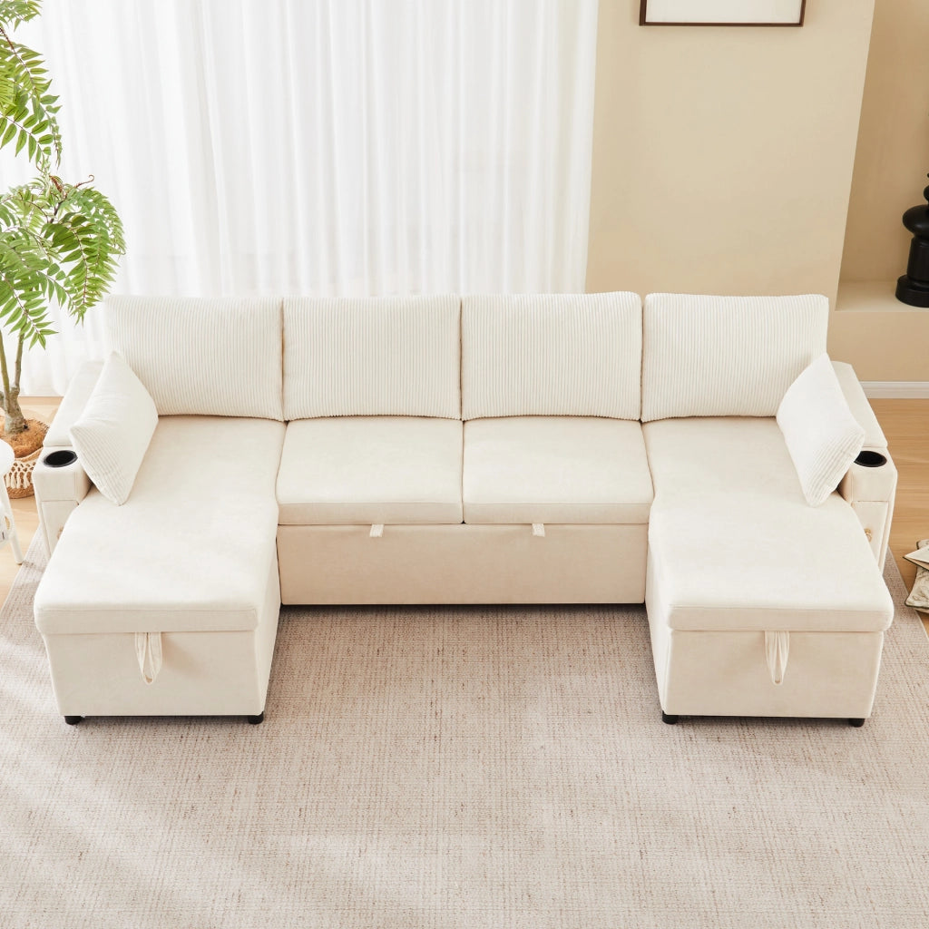 Divano angolare convertibile 4 posti con vano contenitore, portabicchieri e cuscini, in Chenille e Corduroy Beige