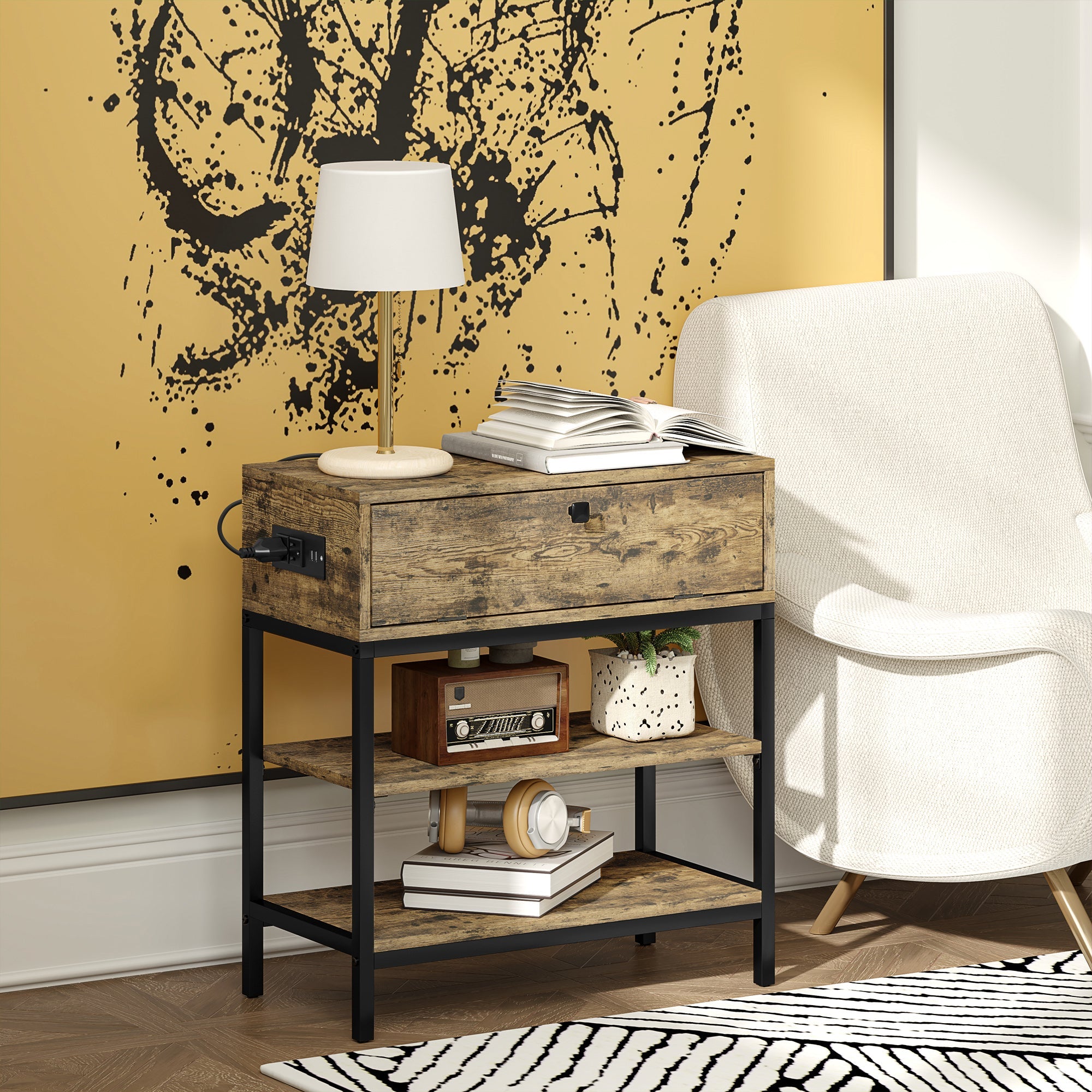 Tavolino da Soggiorno Stile Industriale 60x30x665 cm con Cassetto e Ripiani in Legno e Metallo Nero