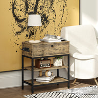 Tavolino da Soggiorno Stile Industriale 60x30x665 cm con Cassetto e Ripiani in Legno e Metallo Nero