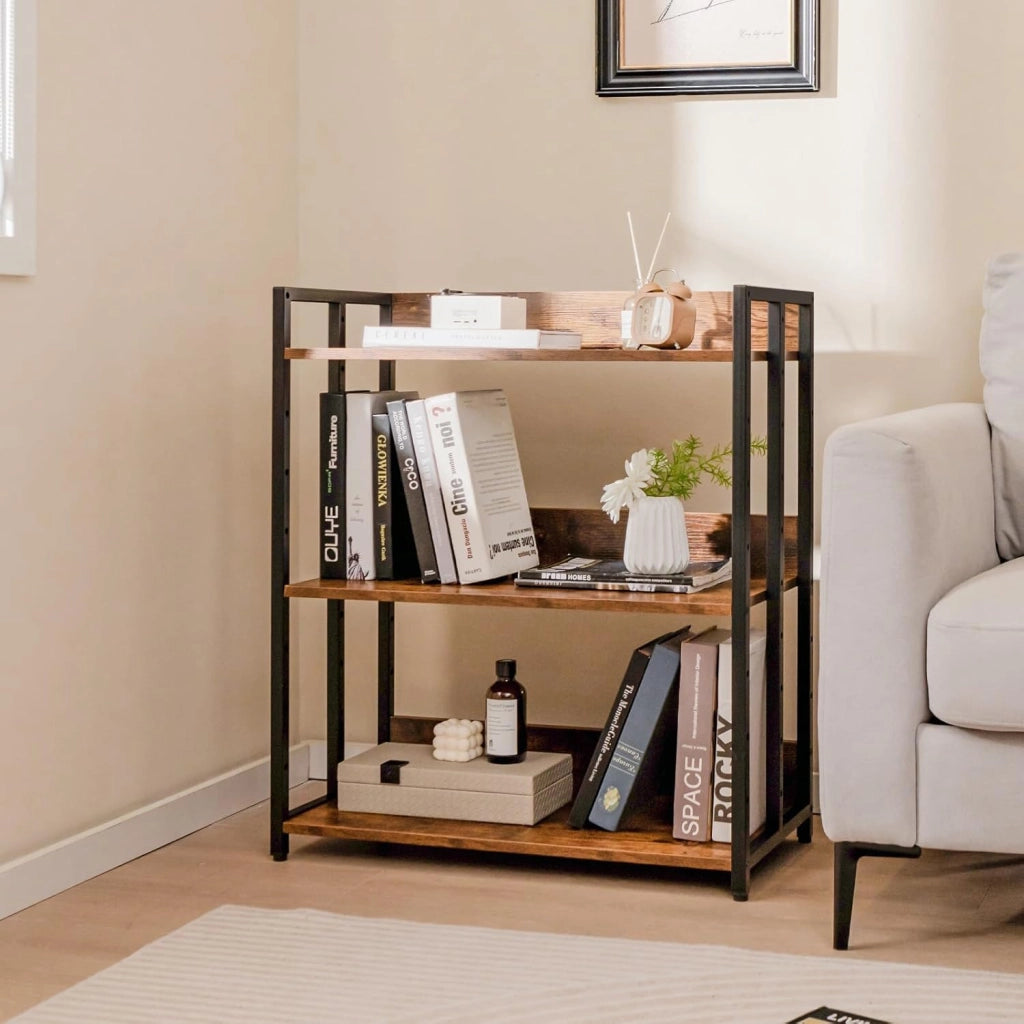 Libreria Scaffale Industriale 3 Ripiani Regolabili con Alette di Protezione, Scaffale Libreria Portaoggetti in Telaio in Metallo, Mensola Multifunzione, 2 Colori, 70 x 35 x 81 cm (Marrone)