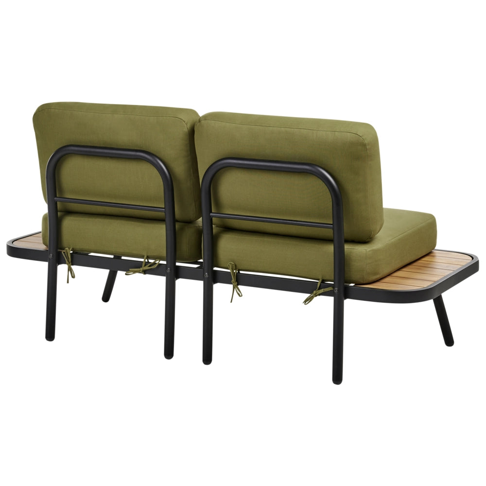 Divano da giardino 4 elementi con struttura in alluminio e legno d'acacia certificato con cuscini verde oliva stile modermo