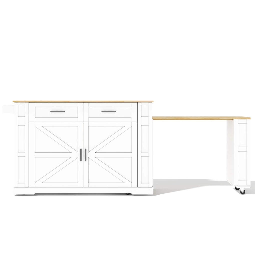Isola cucina mobile con piano estraibile 130/205 x 50 x 93 cm; MDF; naturale e bianco