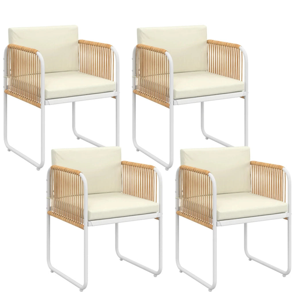 IDMarket - Set di 4 sedie RIO con struttura in metallo bianco, cordoncino effetto rattan chiaro e cuscini beige