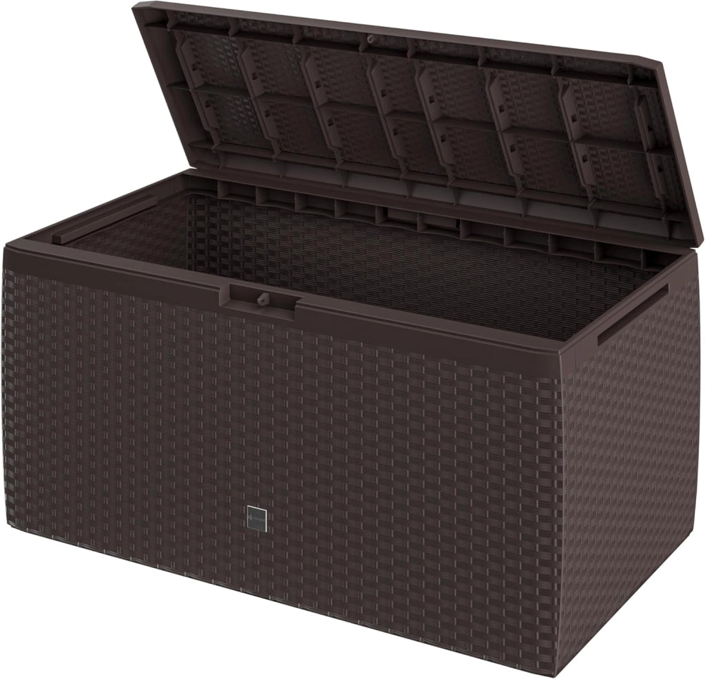 ® Baule da Giardino 117x47x60cm Aspetto Polyrattan 290L Box Multiuso Multibox Cuscini 6 Ruote Coperchio Esterno