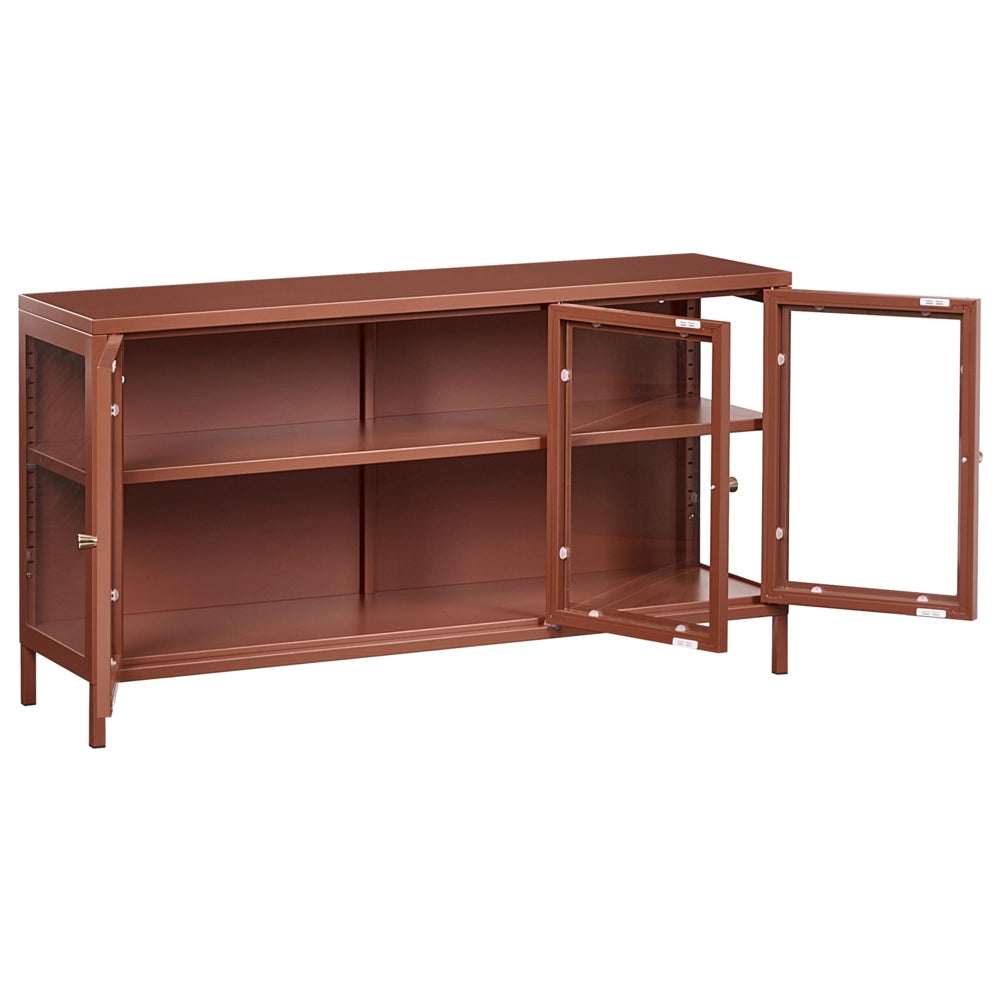 Credenza in acciaio con vetro temperato a 3 ante e ripiani regolabili marrone dorato arredi per il soggiorno dal design moderno.