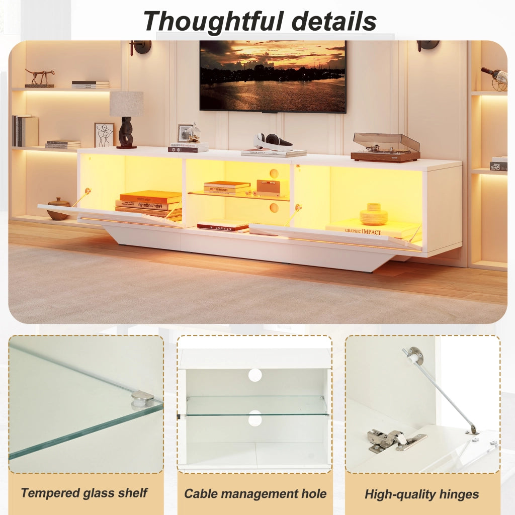 Mobile porta TV con LED e 2 ante 4 vani e ripiano in vetro regolabile per soggiorno bianco 160 × 35 × 44,5 cm