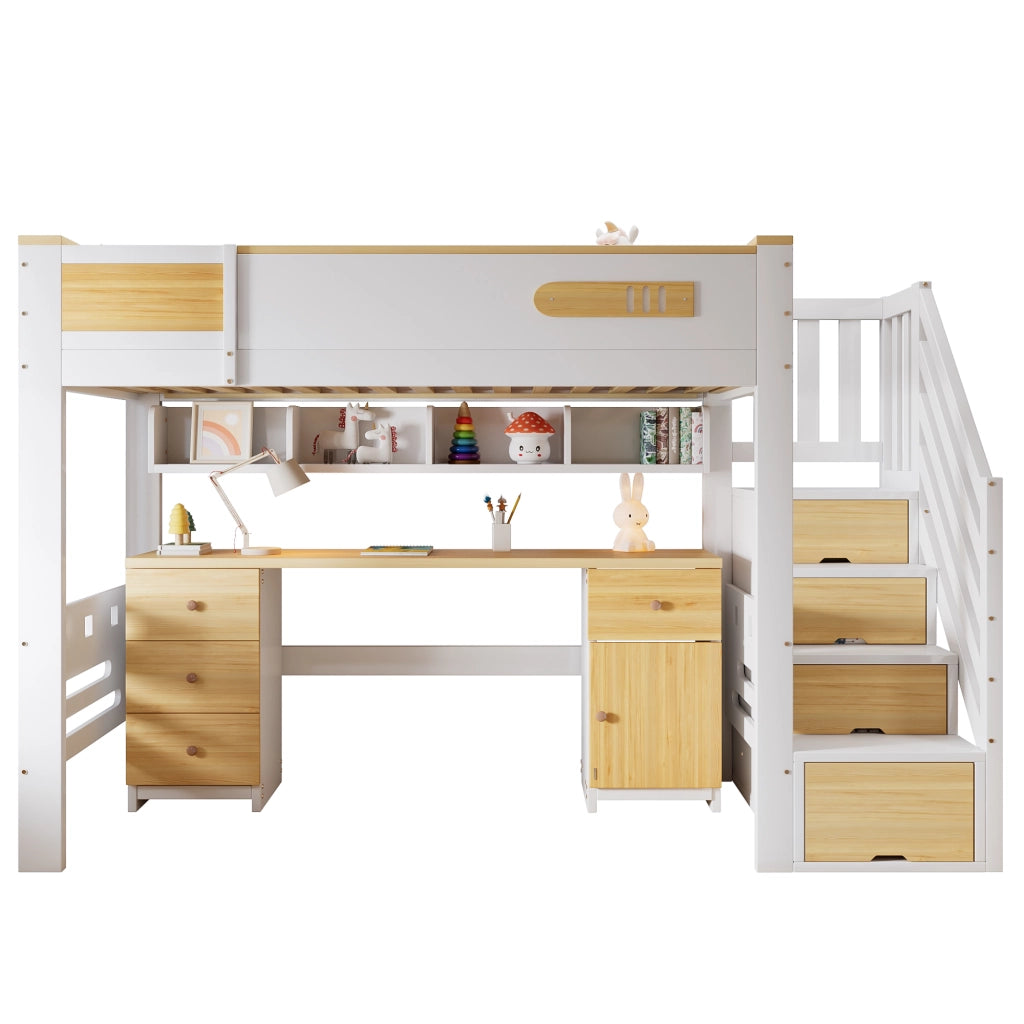 Letto a soppalco 90x200 cm con scrivania; cassetti e scala contenitore in legno e MDF bianco e colore naturale