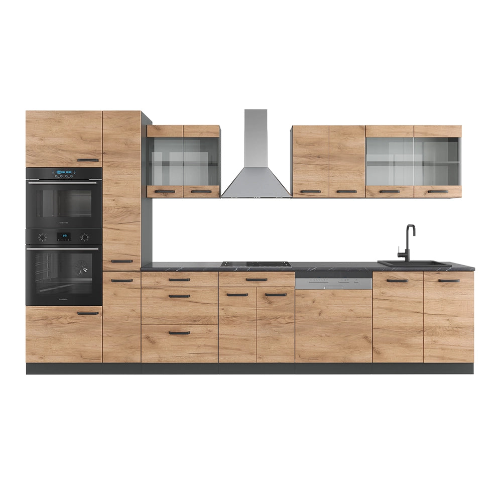 Vicco Cucina componibile Quercia dorata/antracite 350 cm con armadio alto, senza piano di lavoro
