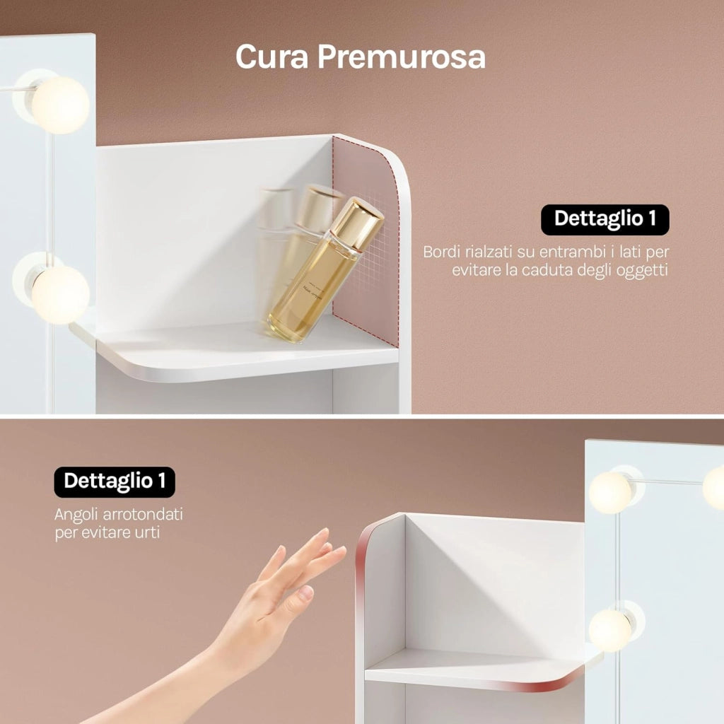 Toeletta da Trucco con Specchio LED, con 2 Prese di Corrente, Postazione Trucco con 2 Cassetti 4 Ripiani, Bianco, 90x135x40 cm, MB6123ws