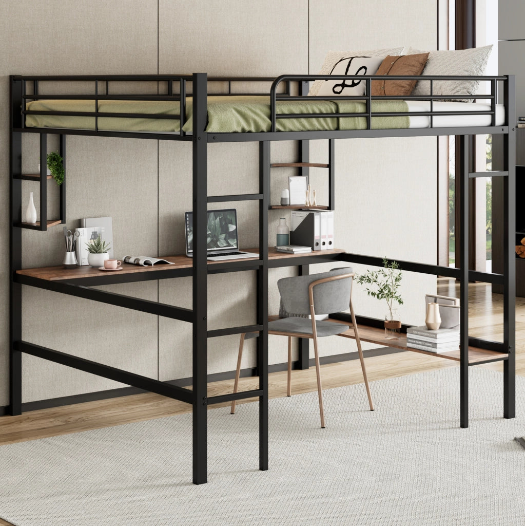 Letto a soppalco ULEVR 140x200 cm in metallo nero con scrivania, libreria e 4 ripiani