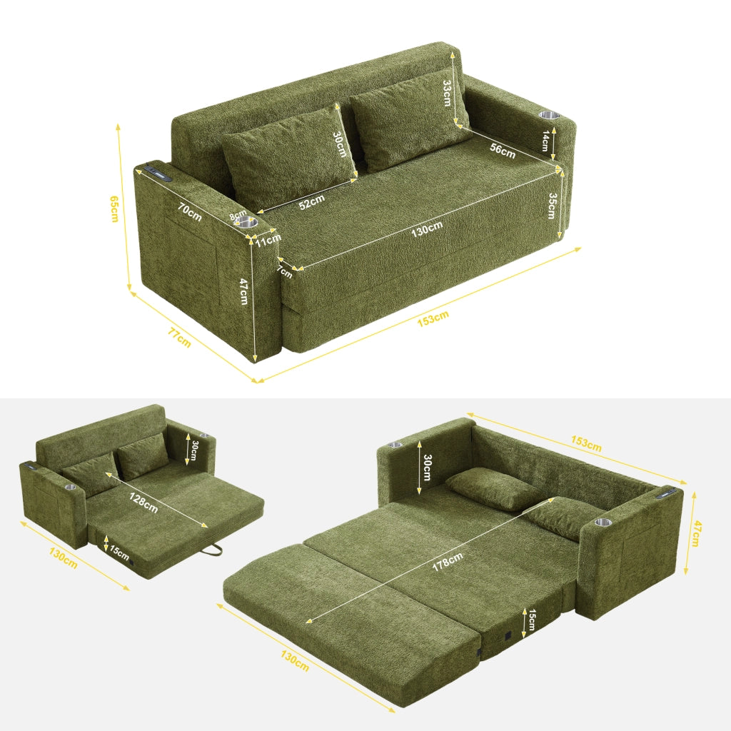 Divano letto convertibile 2 posti per piccoli spazi con porte USB, portabicchieri e tasche laterali in velluto verde