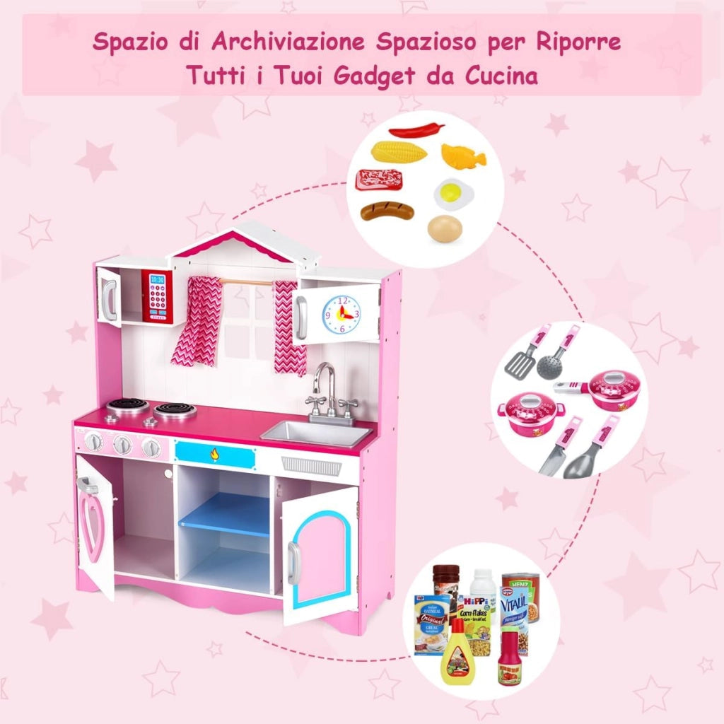 Cucina Giocattolo per Bambini in Legno, Cucina per Bambini con Forno, Microonde, Stufa a Gas, Lavello e Rubinetto, per 3 Anni+