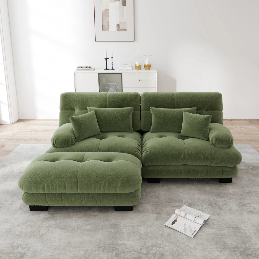 Divano angolare modulare in chenille con cuscini lombari e ottomani, verde, 220 × 145 × 81 cm