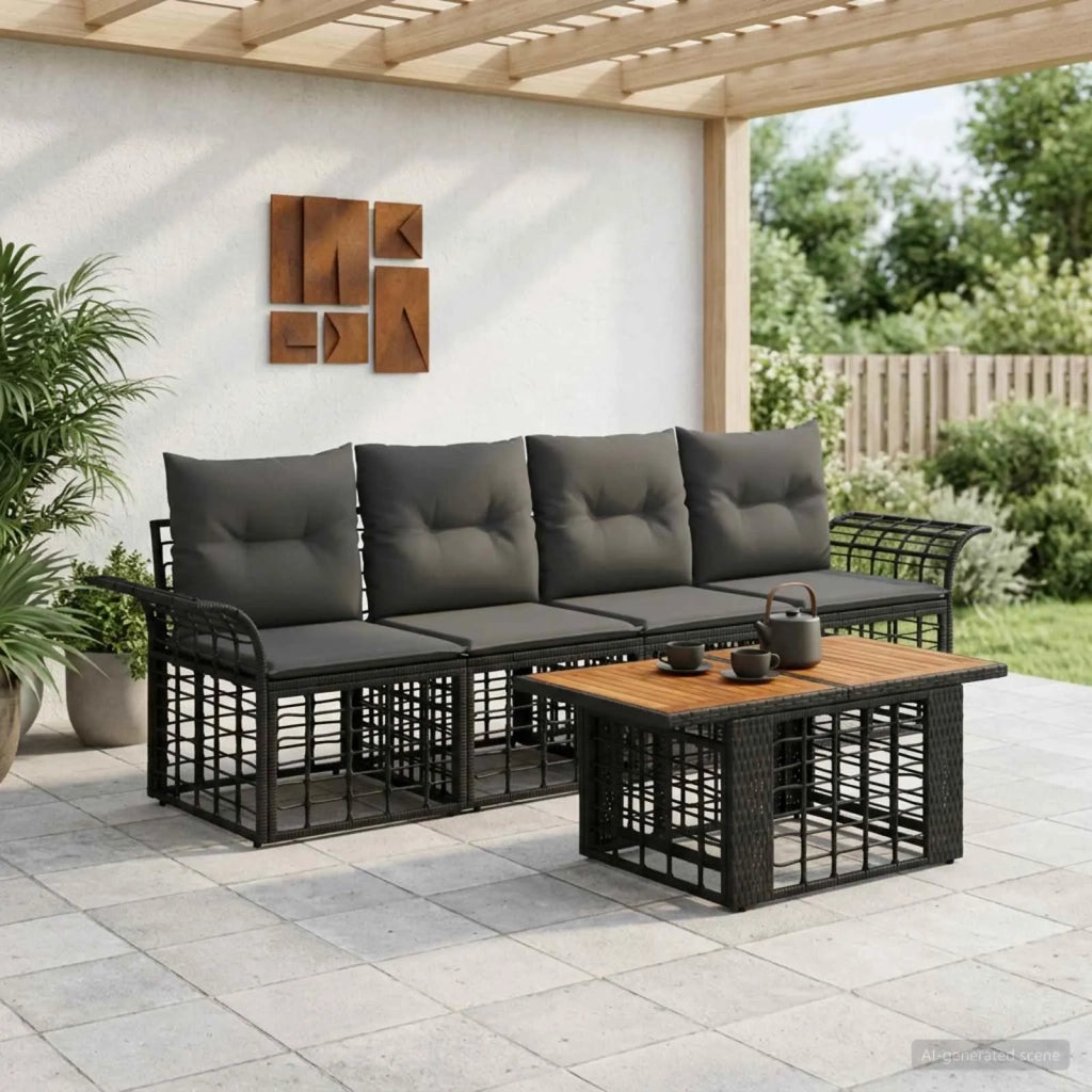 Set Divano da Giardino 5 pz Nero e Grigio scuro polyrattan 3437945
