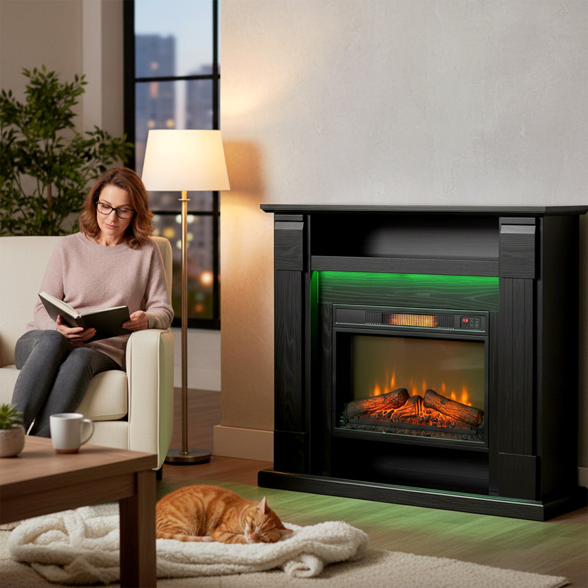 Camino Elettrico da Pavimento 105x27x97 cm 1800W Regolabile con Fiamma 3D Timer e Telecomando Nero