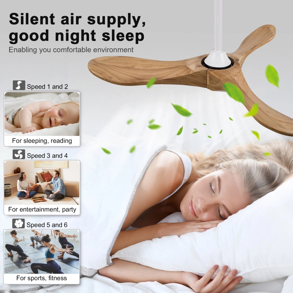 Ventilatore da soffitto 42 pollici, 3 pale legno, design ad elica, funzione memoria, telecomando, finitura noce, per terrazze e soggiorni