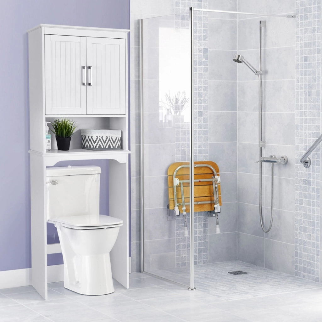 Mobile sopra il WC con mensola aperta e doppie ante, Organizer per bagno con mensola interna regolabile Bianco