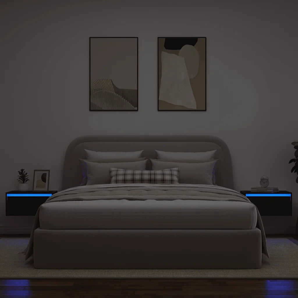Comodini a Parete con Luci LED 2 pz Rovere Neri 860214