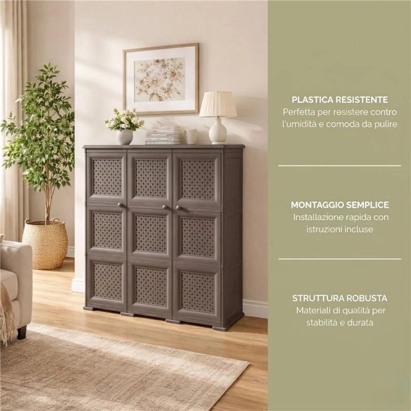 ARMADIO 3 ANTE WENGÉ 118X43X125 CM CON PUNTALI E ANTE TRAFORATE – CONTENITORE VERTICALE SALVASPAZIO PER ZONA LIVING