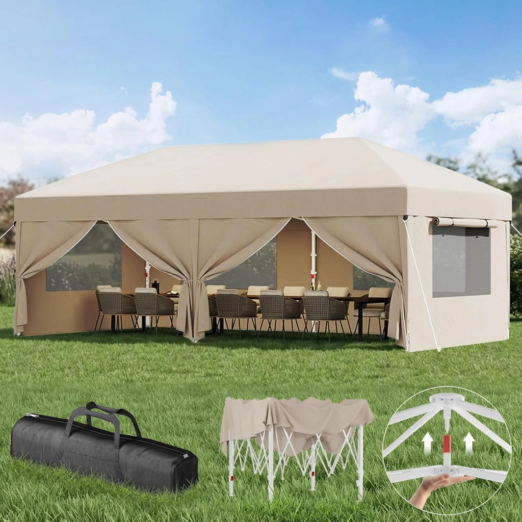 Gazebo Pieghevole con Finestra a Rete Aerata, Gazebo 3x3 Impermeabile Stabile Invernale, Gazebo Pop Up con Pareti Laterali, Protezione UV 50+, Tenda da Festa per Giardini, Campeggio (Beige)