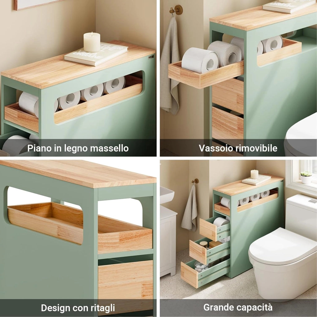 Mobiletto Bagno Salvaspazio con Ruote, Mobile Compatto con 3 Cassetti, per WC, Armadietto Bagno in Legno, Facile da Spostare, Verde, 65x24x82cm, BZR54-II-GR