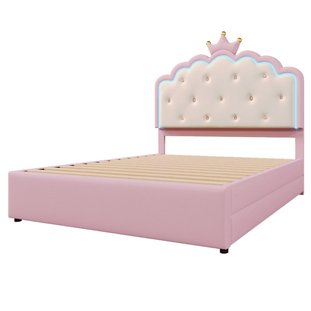 Letto per bambini imbottito 140x200 cm in PU rosa, con rete a doghe, letto estraibile, 2 cassetti e LED
