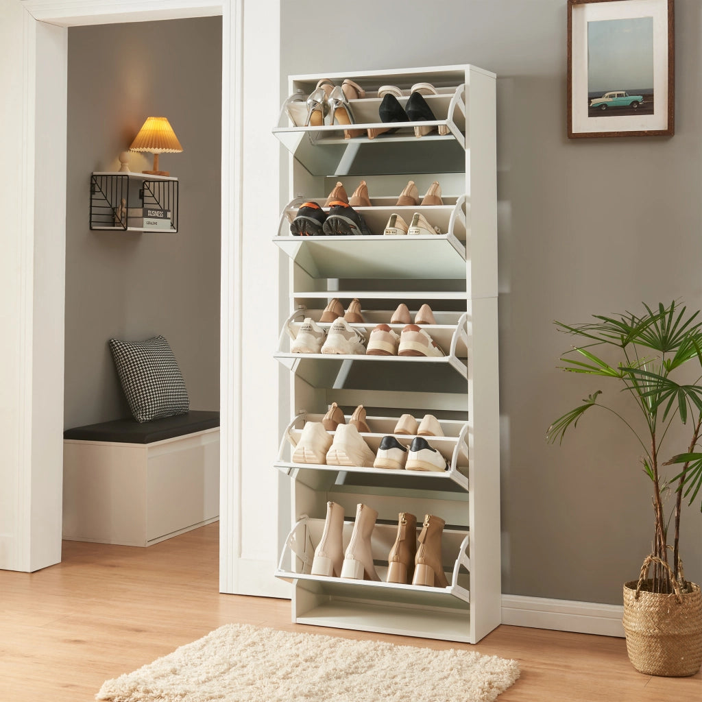 Scarpiera Stretta Lund con Ante a Specchio e 5 Contenitori Ribaltabili - Bianco [en.casa]