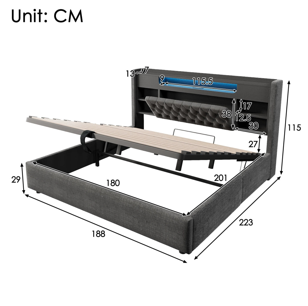 Letto matrimoniale imbottito ULEVR 180x200 cm con contenitore idraulico, LED, USB e Type-C, grigio