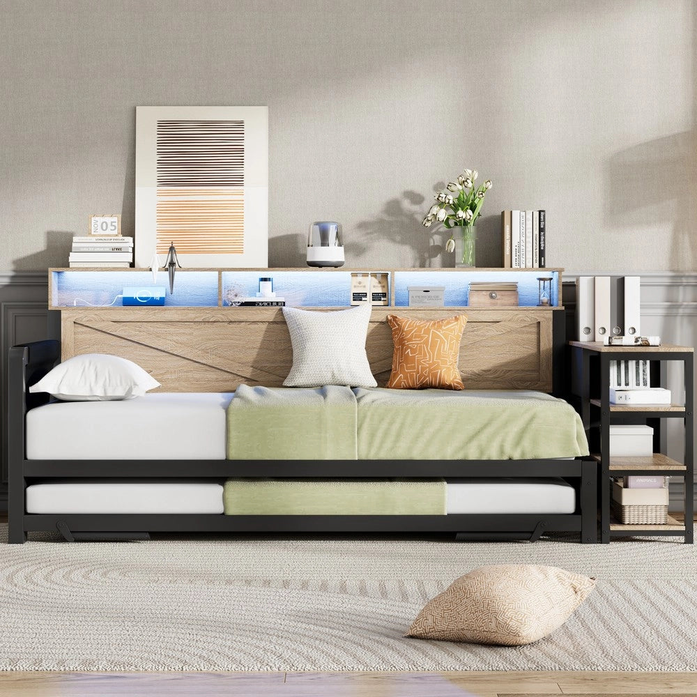 Letto Contenitore con Divano, LED e USB ¨C MINIMAL ¨C Metallo Nero 90x200, 3 Cassetti