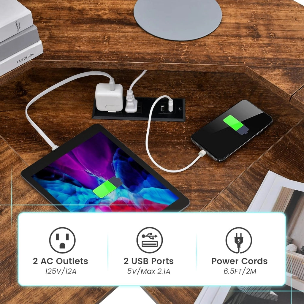 Scrivania angolare per computer a forma di L con 2 prese di corrente, supporto per tastiera, scrivania per computer con 2 porte USB, 130 x 130 x 86 cm (marrone)